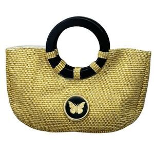 Braciano straw handbag summer purse gold bag wood handles Butterfly medallion